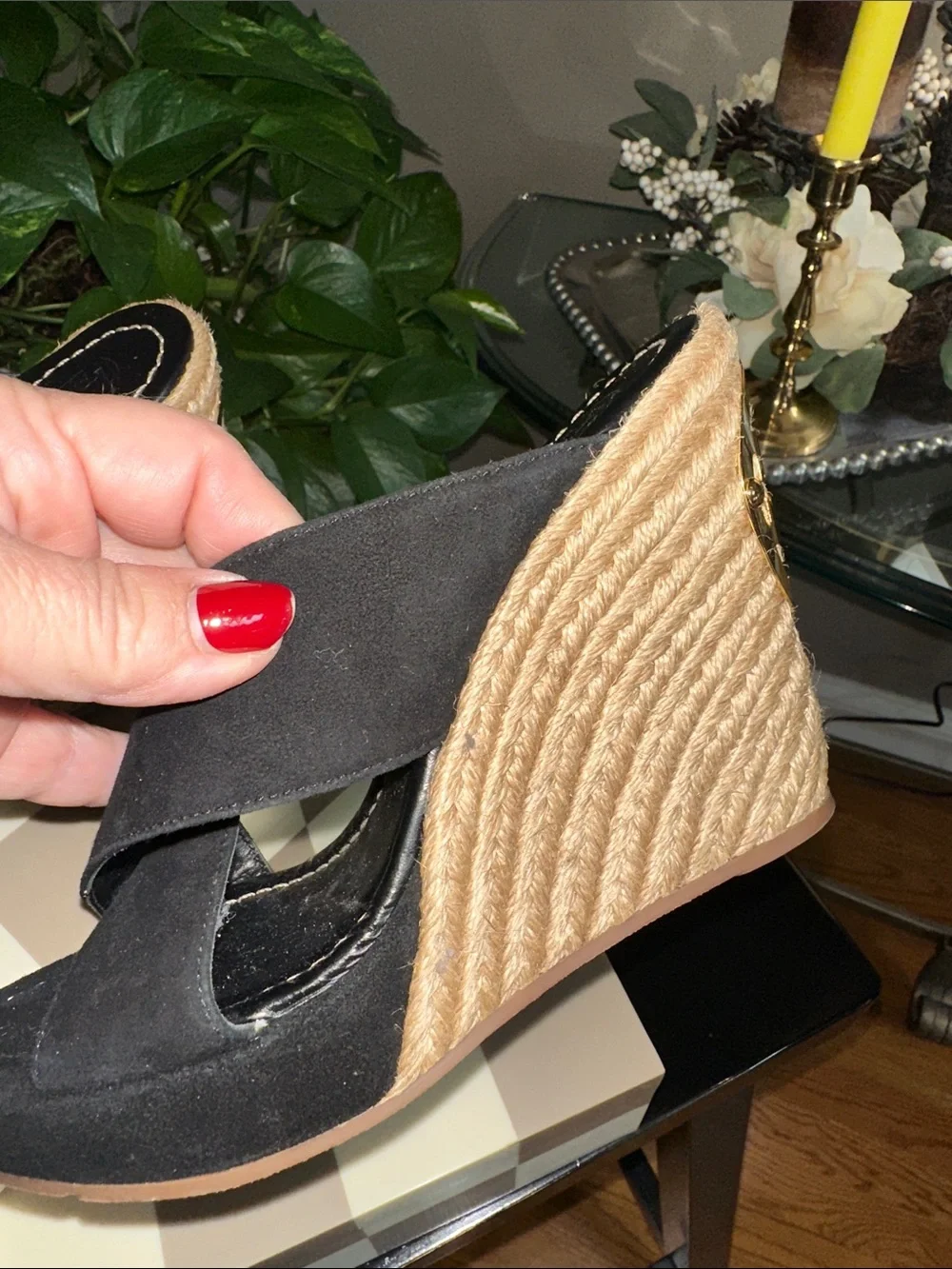 Tory Burch Bailey Black Lancaster Suede  Leather Espadrille Wedge NWOT size 7 🖤